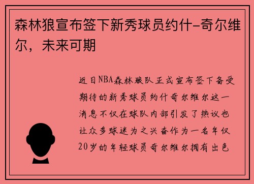 森林狼宣布签下新秀球员约什-奇尔维尔，未来可期