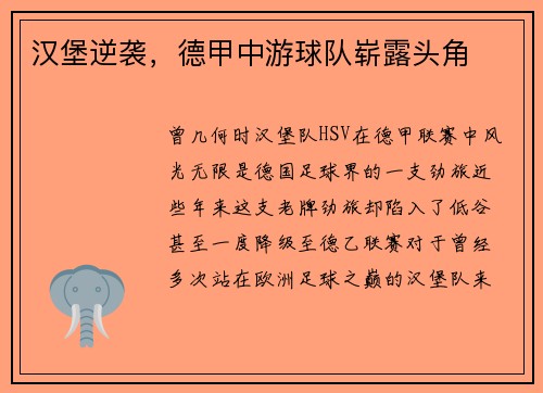 汉堡逆袭，德甲中游球队崭露头角